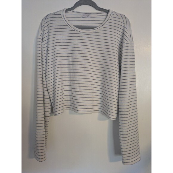 White Tops - Leset Women Blue White Striped Long Sleeve Shirt L
